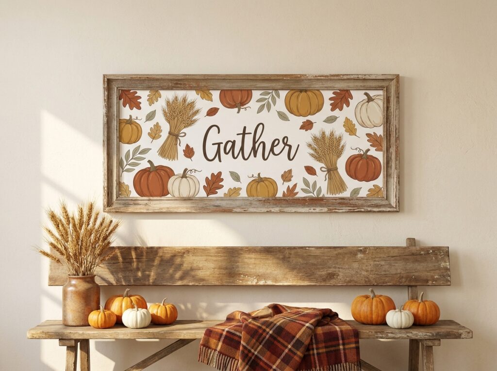 Farmhouse fall sign printable framed in a cozy autumn entryway