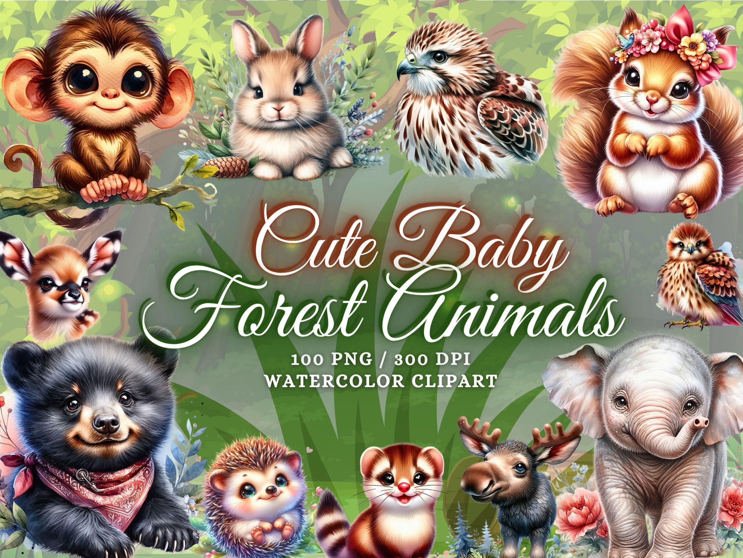 Cute Watercolor Baby Forest Animals PNG preview for woodland crafts