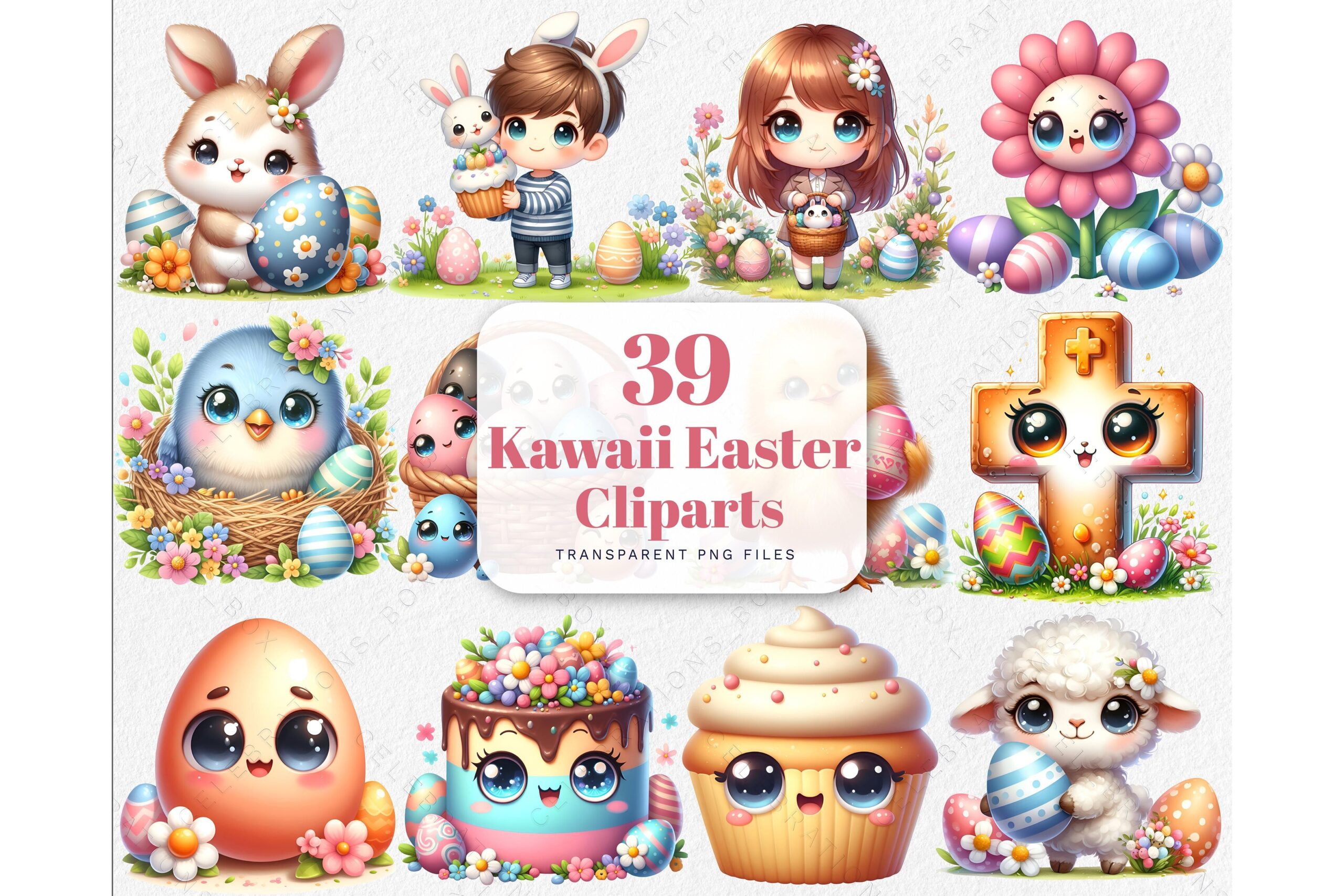 Cute Kawaii Easter Clipart PNG Bundle preview for craft projects