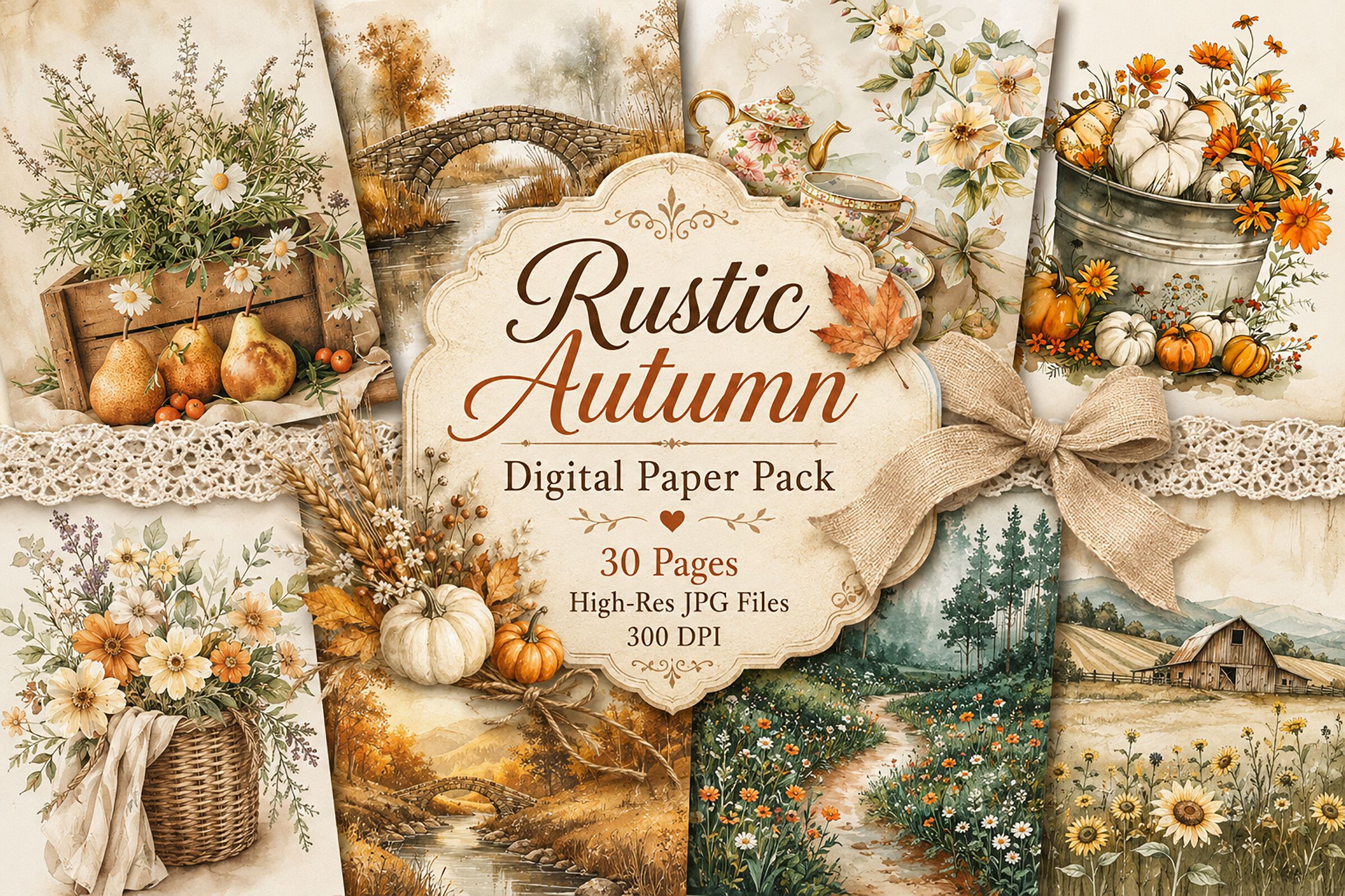 Rustic Farmhouse Autumn Digital Paper preview for craft projects