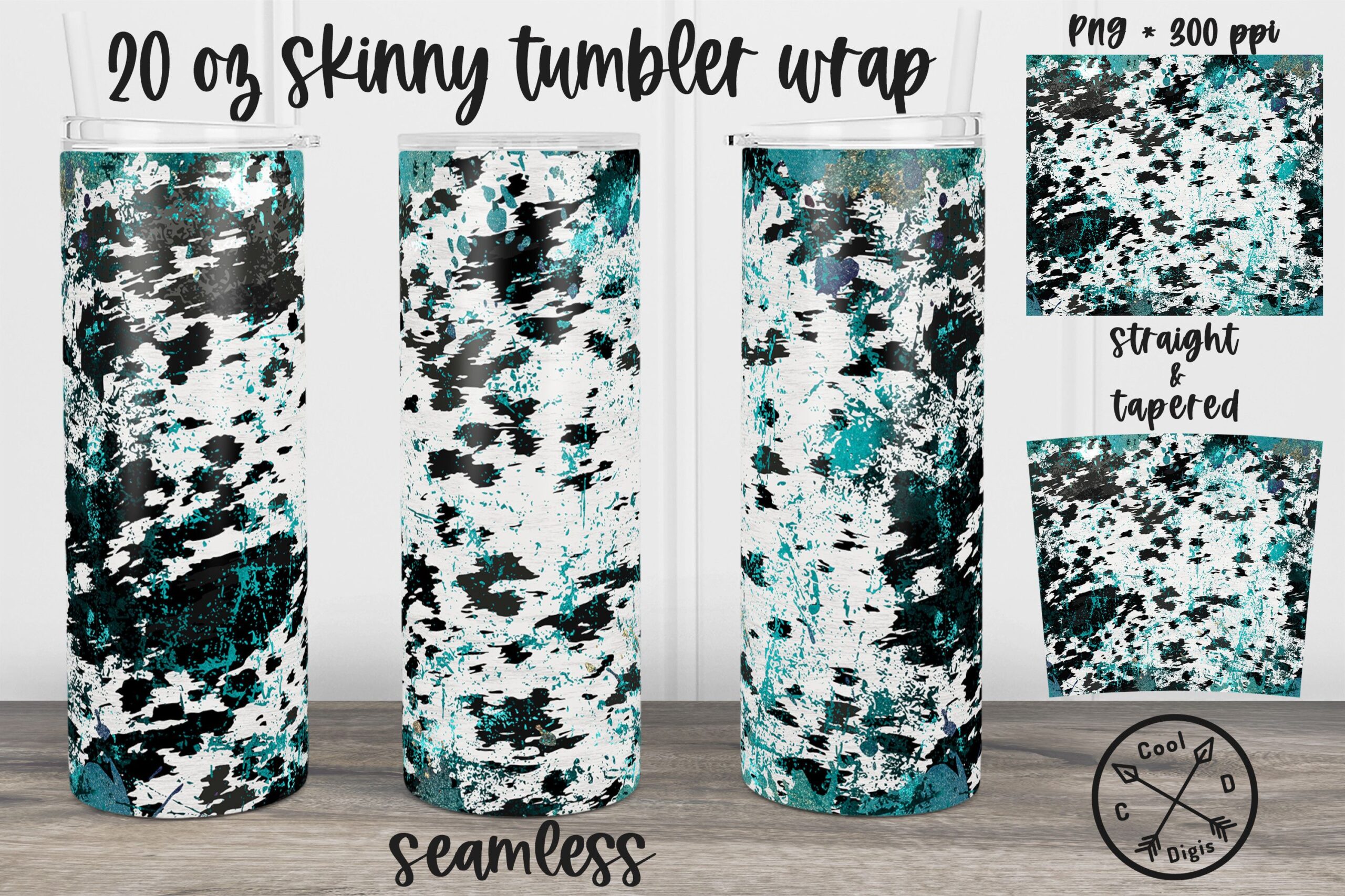 Cowhide Teal Skinny Tumbler Wrap Design preview for craft projects