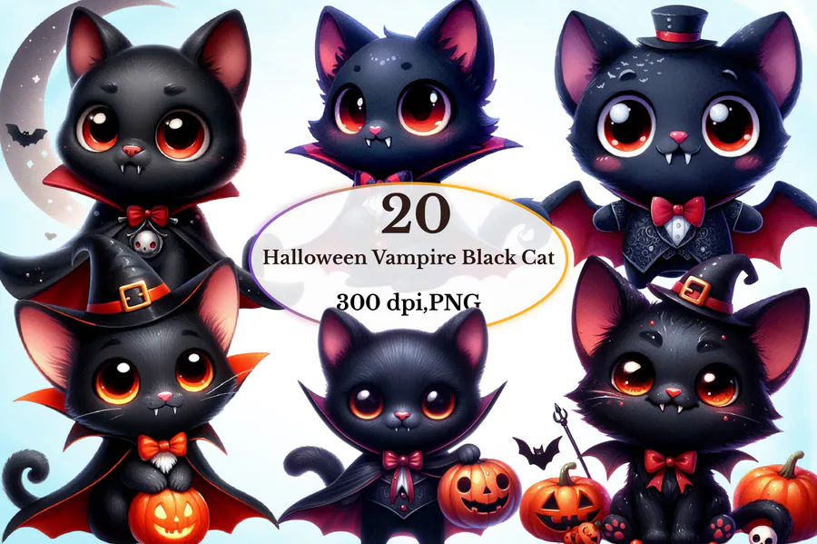 Halloween Vampire Black Cat Sublimation preview for Halloween black cat sublimation PNG