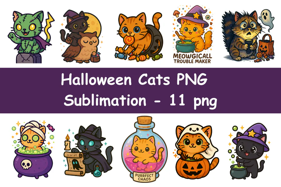 Halloween Cats PNG Sublimation preview for Halloween black cat sublimation PNG