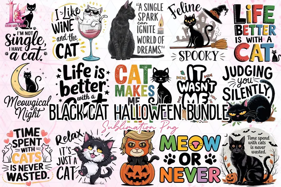 Black Cat Halloween PNG Bundle preview for Halloween black cat sublimation PNG