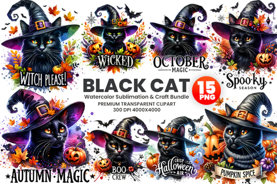 Halloween Black Cat Clipart PNG Bundle preview for Halloween black cat sublimation PNG