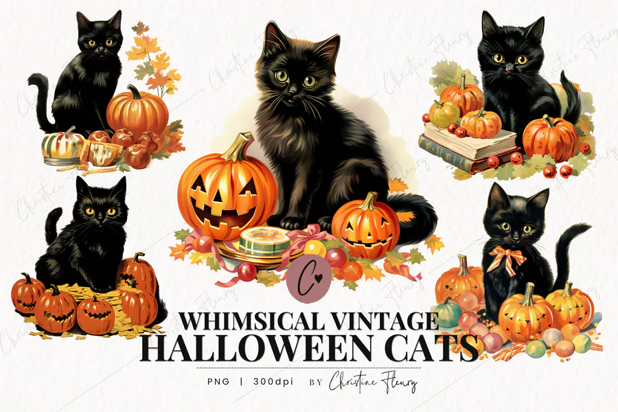 Whimsical Vintage Halloween Cats Clipart preview for Halloween black cat sublimation PNG