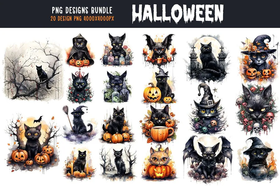 Halloween Sublimation Cat Bundle preview for Halloween black cat sublimation PNG
