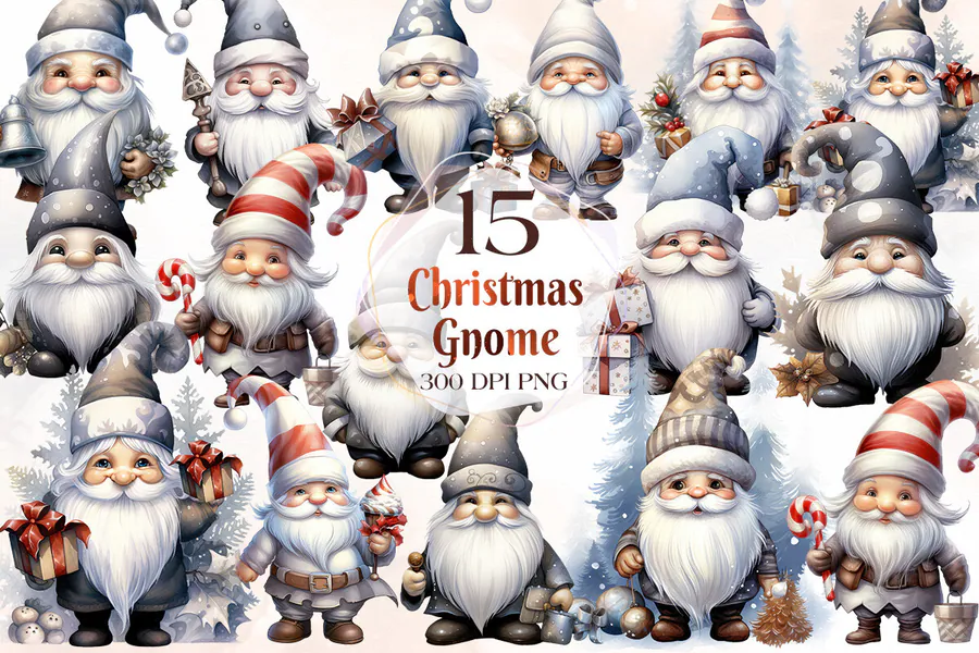 Silver Christmas Gnome Clipart Bundle preview for Christmas gnome sublimation PNG