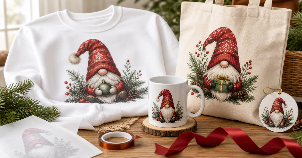 Christmas gnome sublimation PNG designs on a sweatshirt, mug, tote and ornament