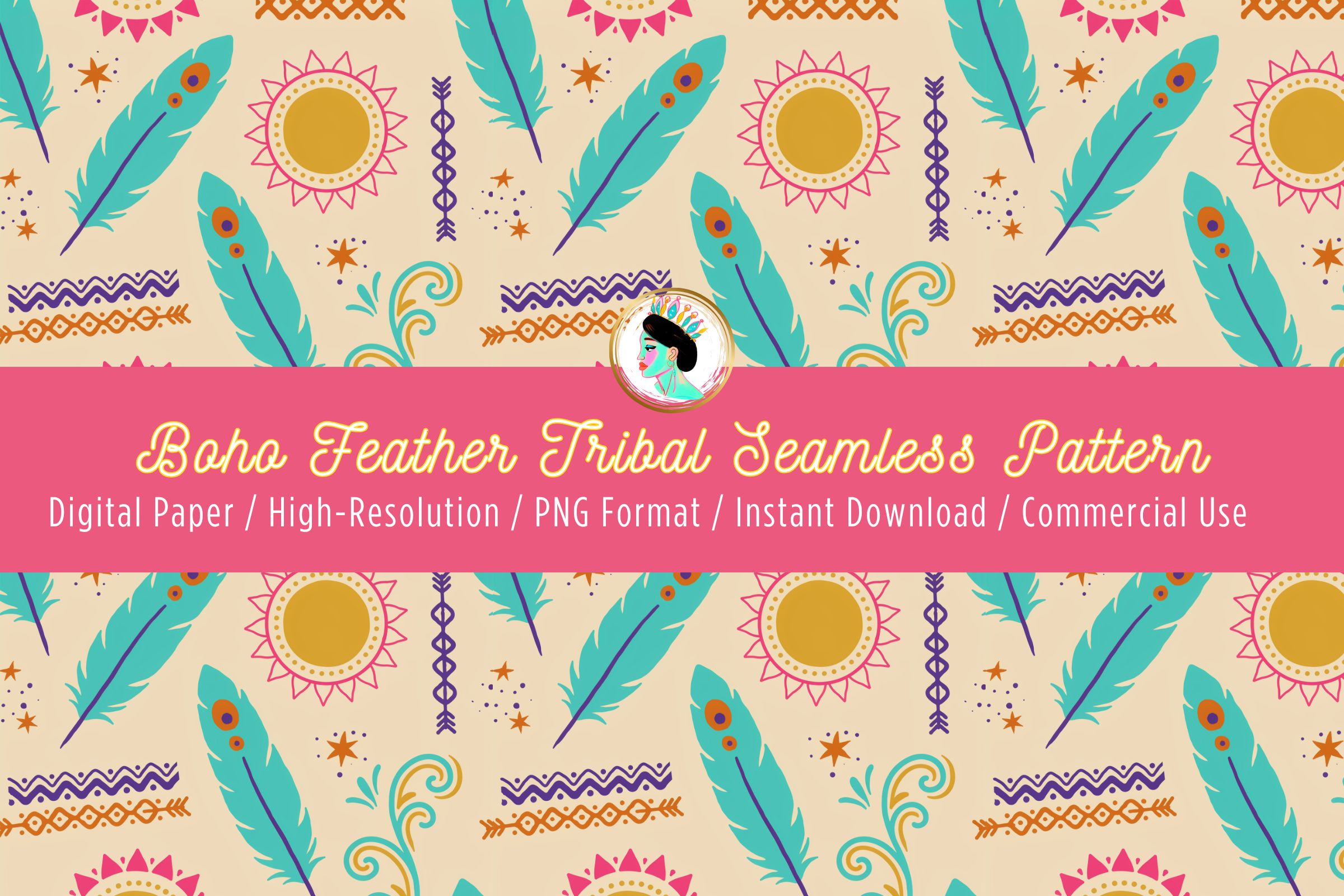 Boho Feather Tribal Seamless Pattern PNG preview for craft projects