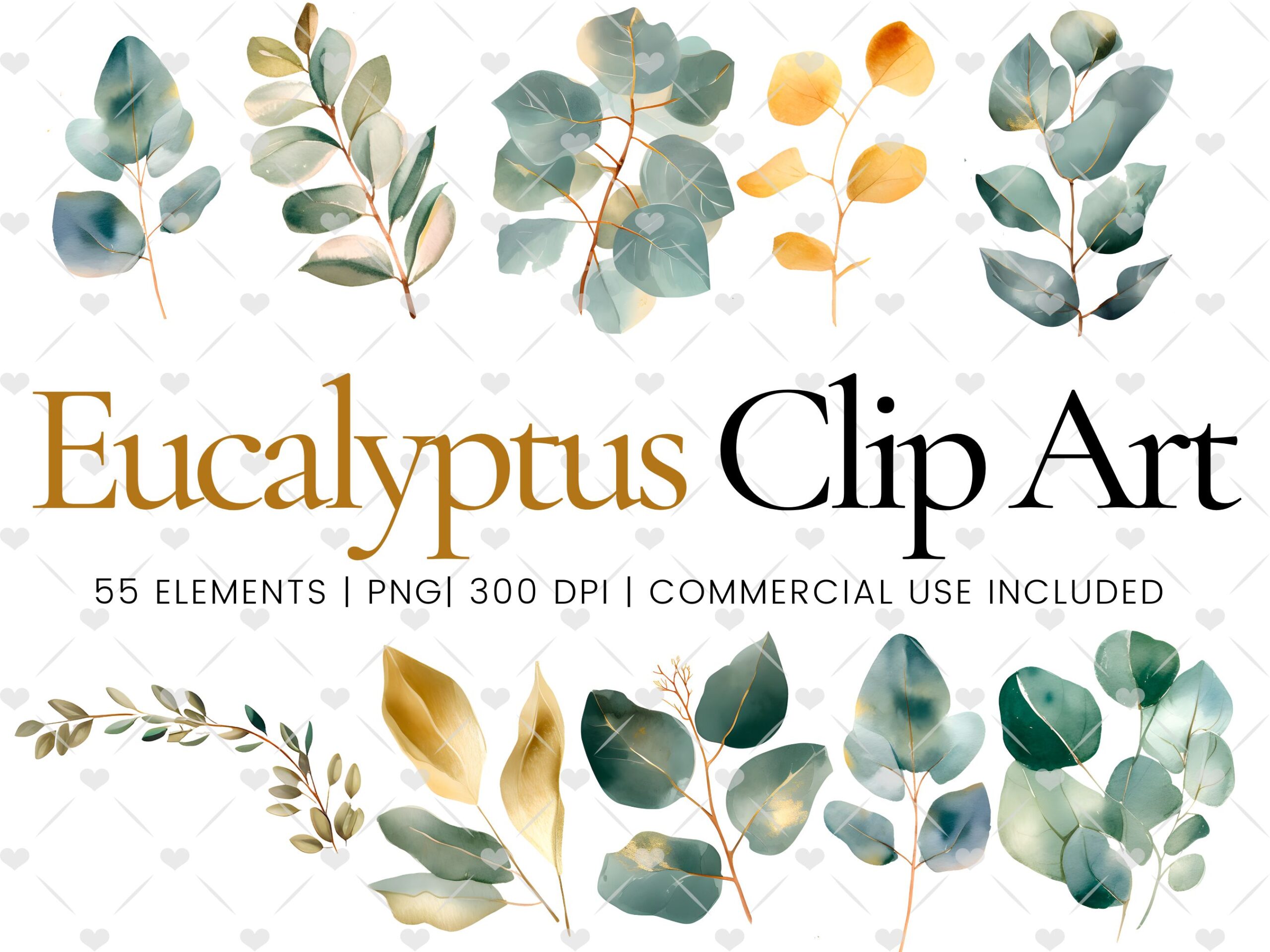 Watercolor Gold Eucalyptus Leaves preview for craft projects