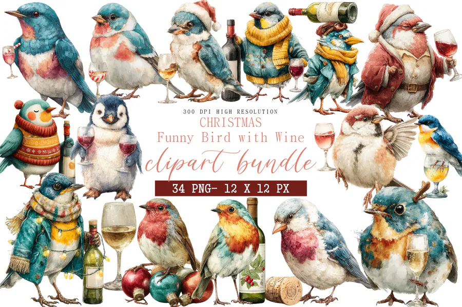 Christmas Funny Bird with Wine Bundle preview for funny Christmas sublimation PNG