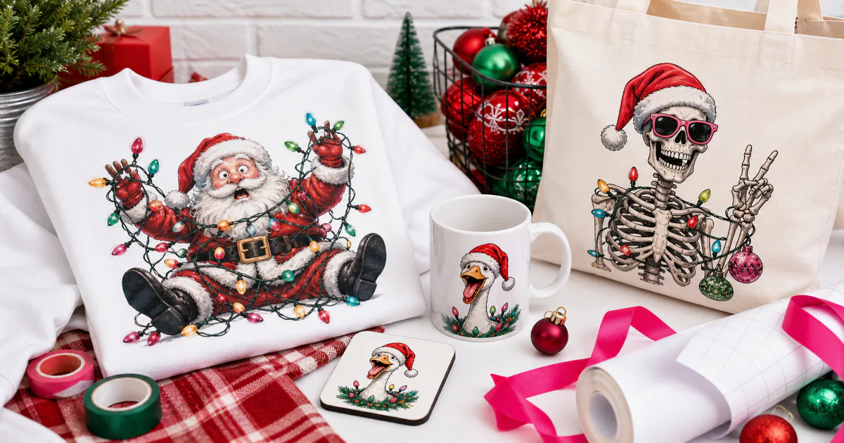 Funny Christmas sublimation PNG designs on a sweatshirt, mug, tote and coaster
