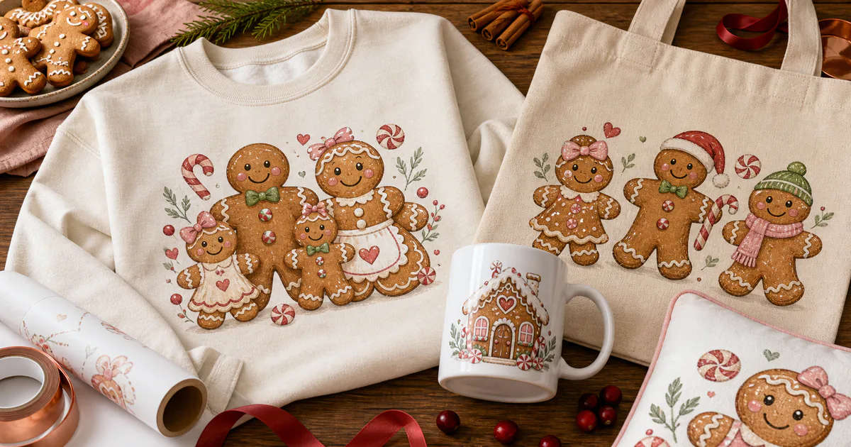 Gingerbread Christmas sublimation PNG designs on an apron, mug, tote and ornament