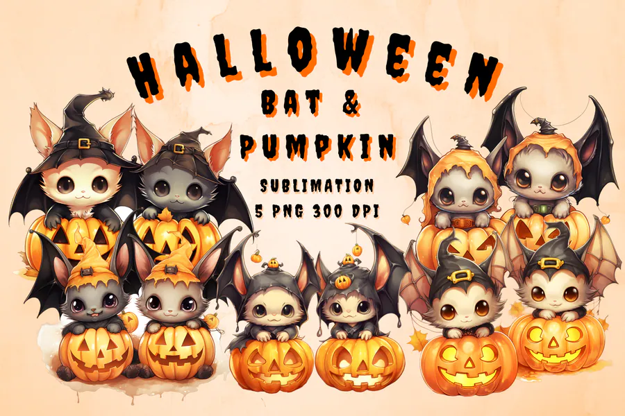Halloween Bat & Pumpkin Sublimation PNG preview for Halloween bat sublimation PNG
