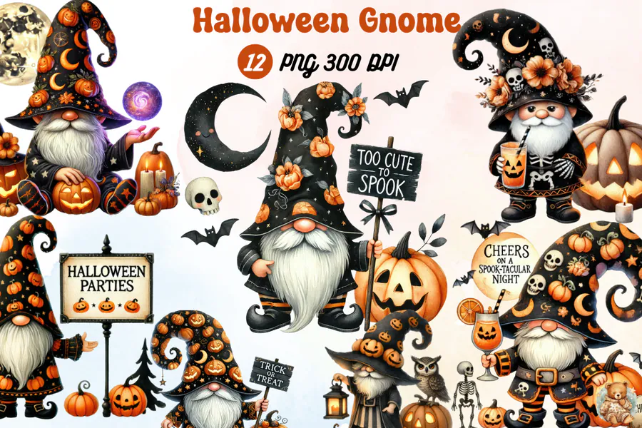 Watercolor Halloween Gnome PNG Clipart preview for Halloween gnome sublimation PNG