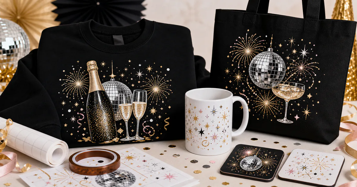 Happy New Year sublimation PNG designs on a shirt, glass, tote and party coaster