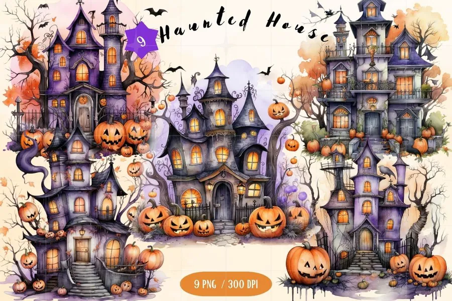 Watercolor Halloween Haunted House preview for haunted house sublimation designs