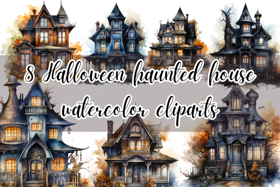 Halloween Haunted House Watercolor preview for haunted house sublimation designs