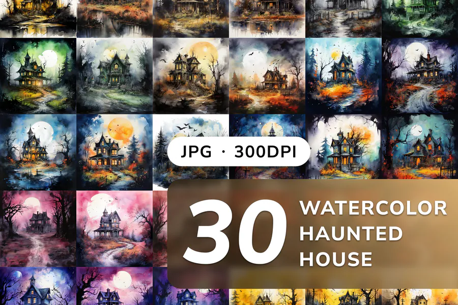 Watercolor Haunted House preview for haunted house sublimation designs