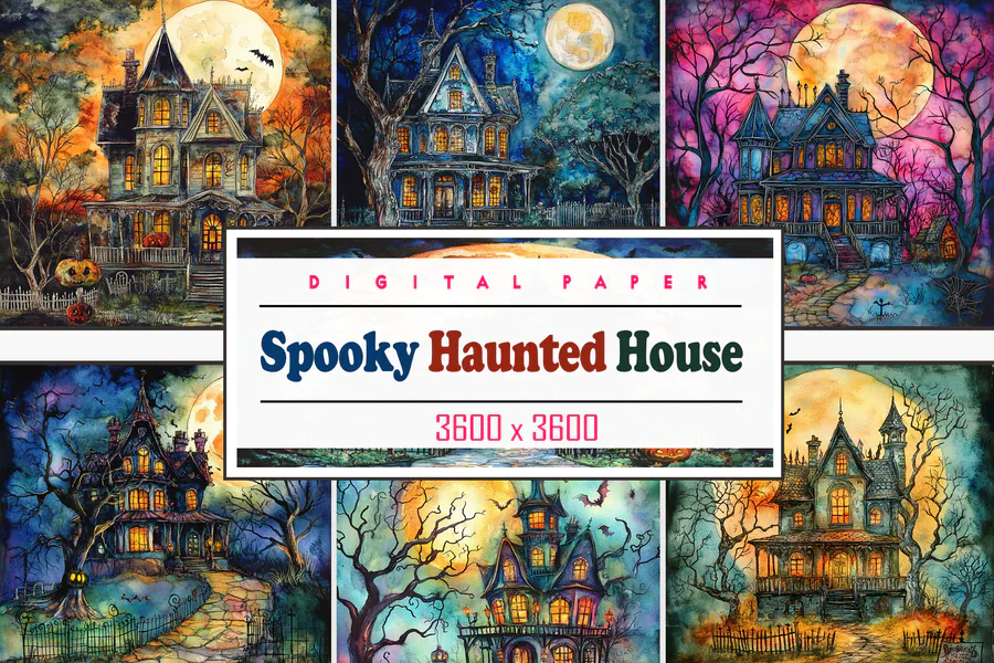 Watercolor Spooky Haunted House preview for haunted house sublimation designs