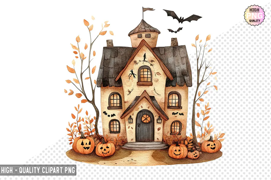 Watercolor Halloween House Clipart preview for haunted house sublimation designs