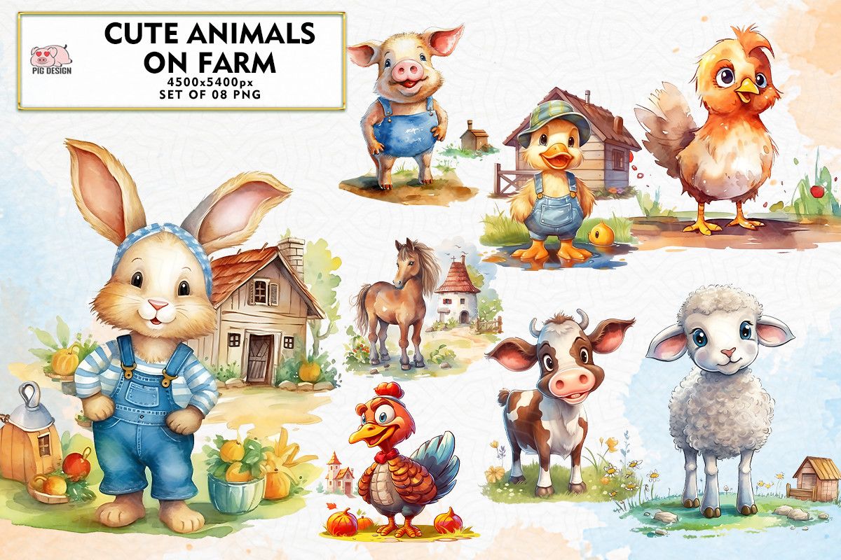 Cute Animals on Farm Sublimation Clipart preview for craft projects