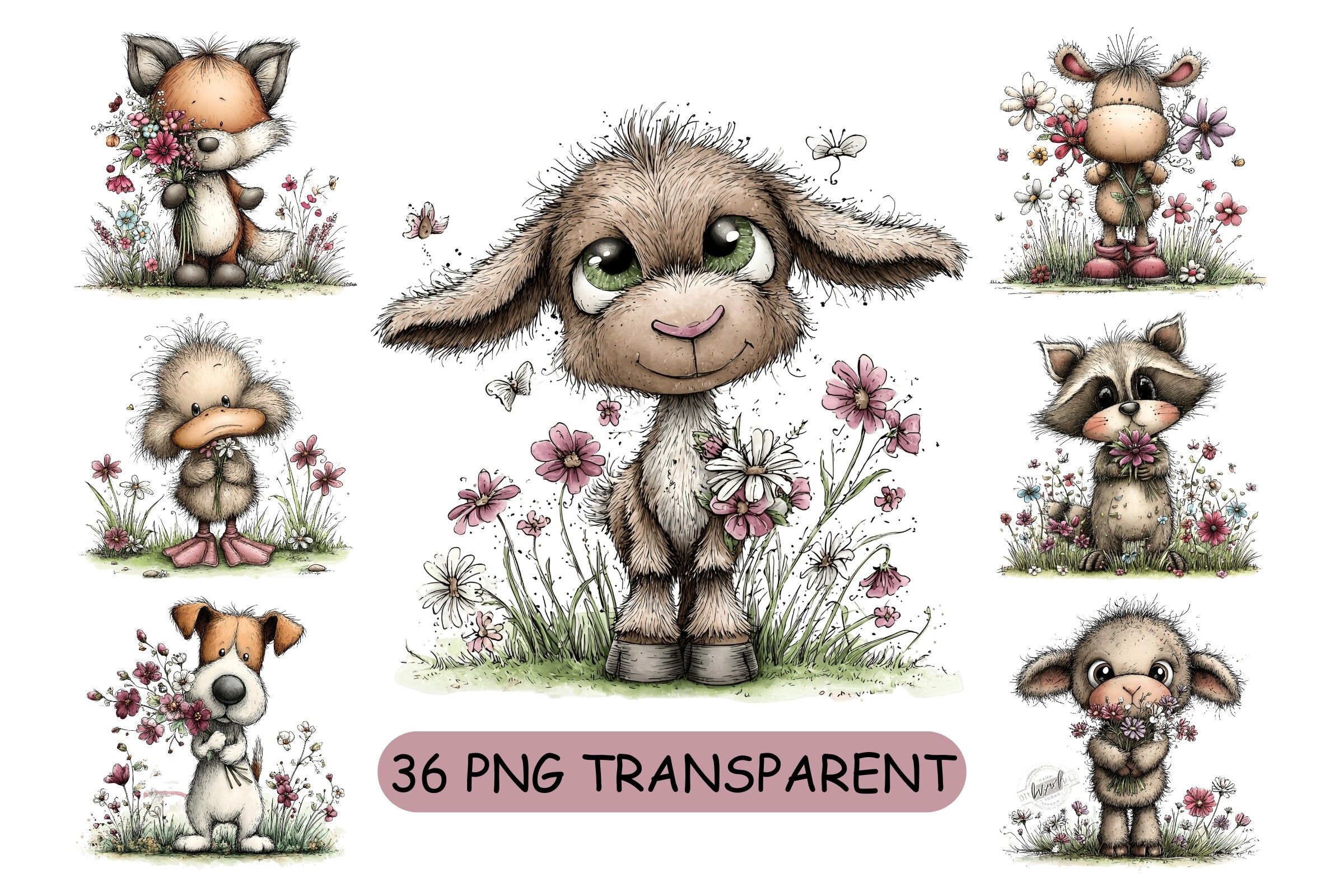 36 Cute Farm Animals PNG Clipart Set preview for craft projects