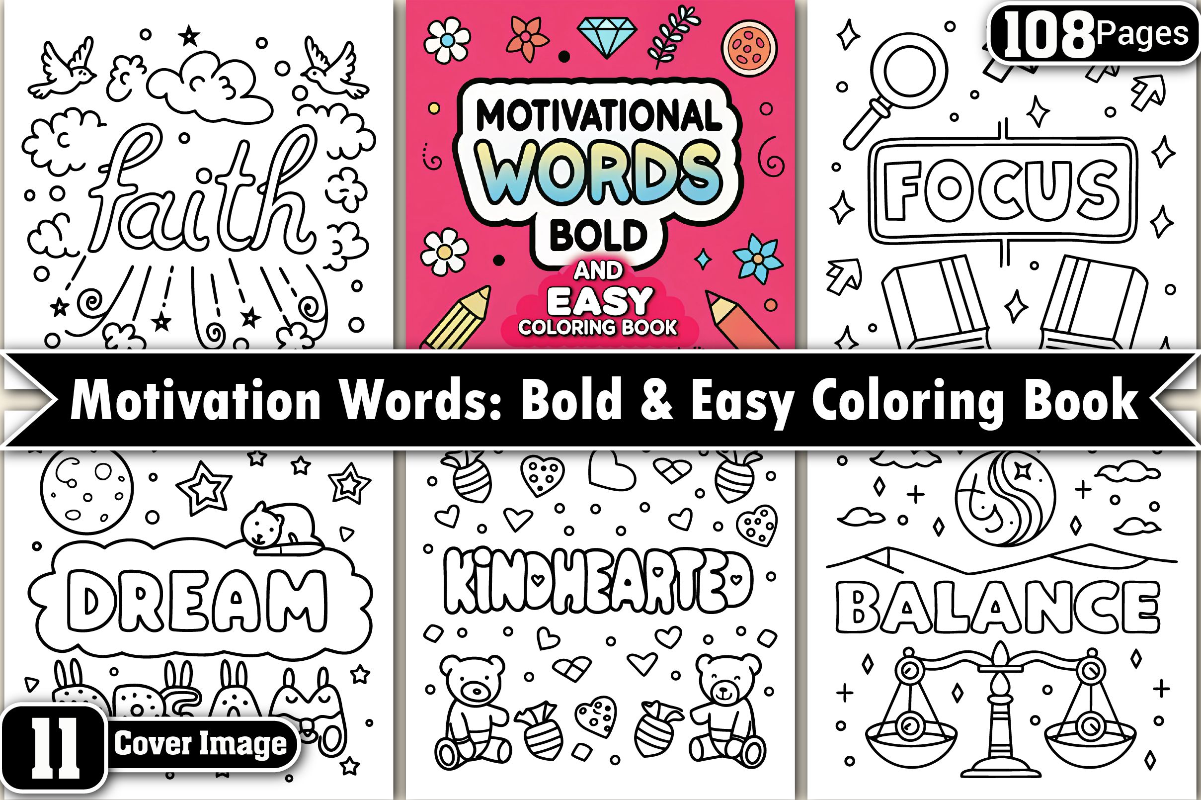 108 Motivational Word Coloring Pages preview for craft projects