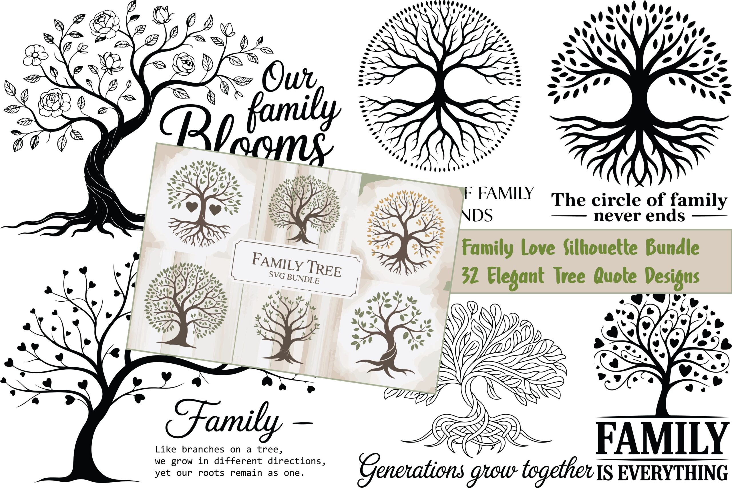 32 Family Love Silhouette Bundle preview for craft projects