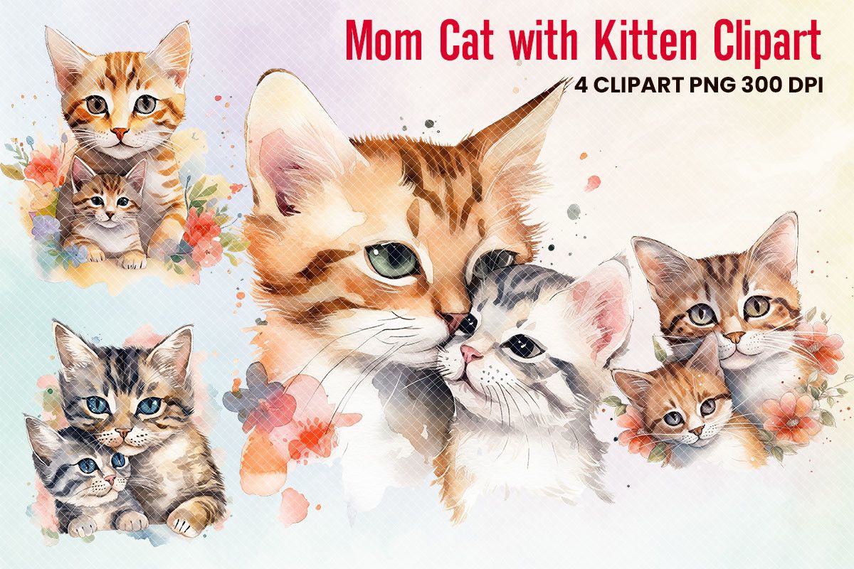 Kitten with Mom Cat Clipart Mothers Day preview for craft projects