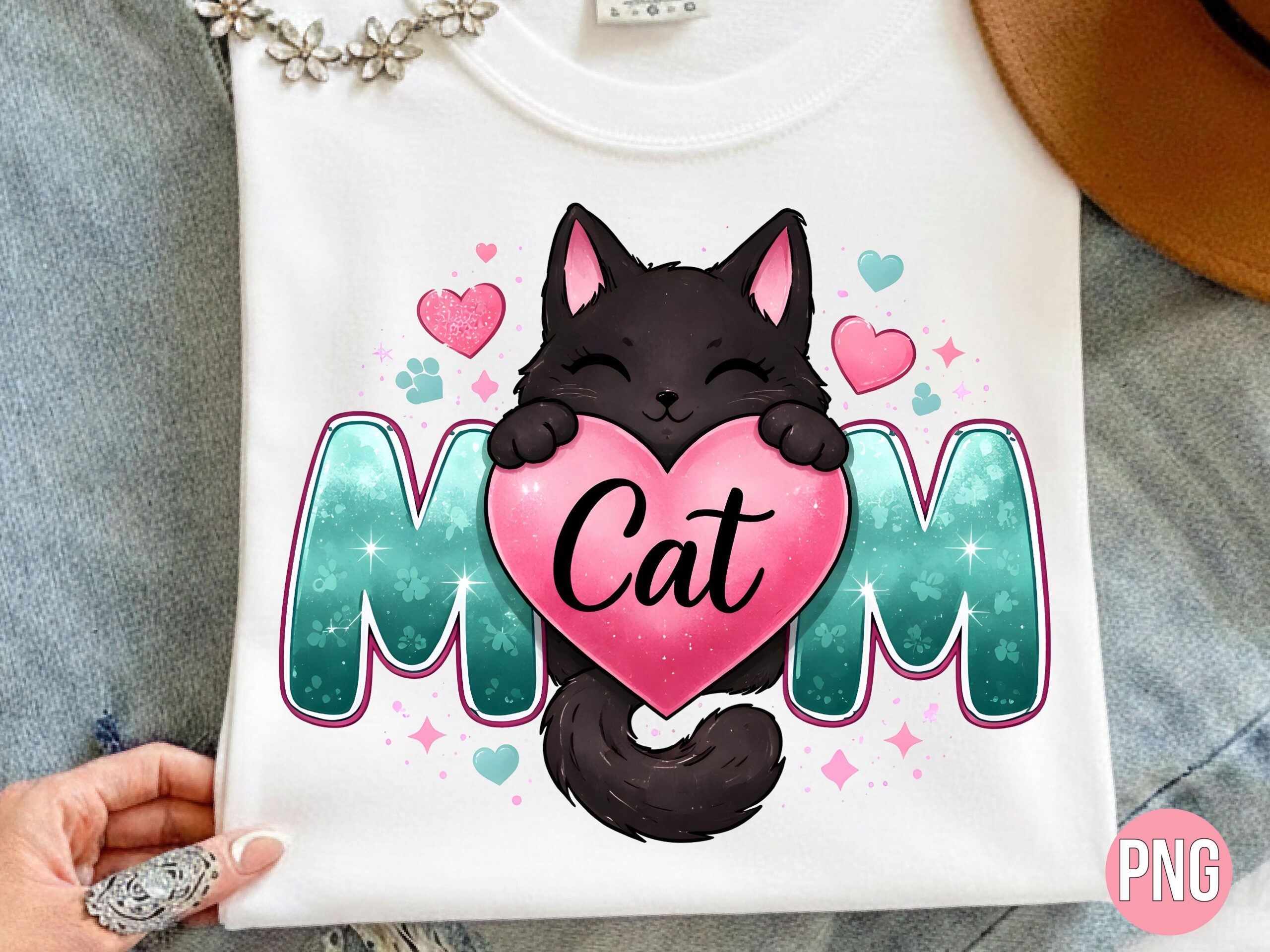 Cute Black Cat Mom Heart Sublimation PNG preview for craft projects