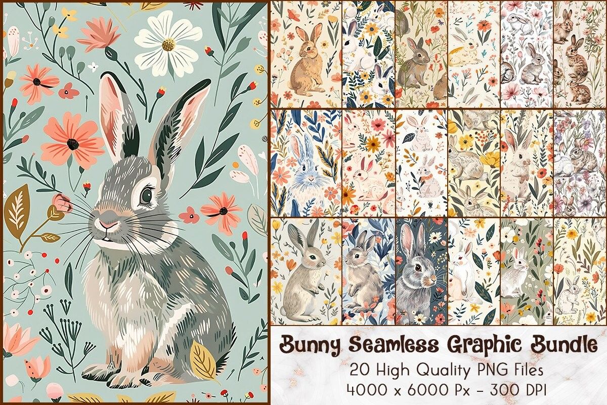 Bunny Floral Seamless Bundle preview for craft projects