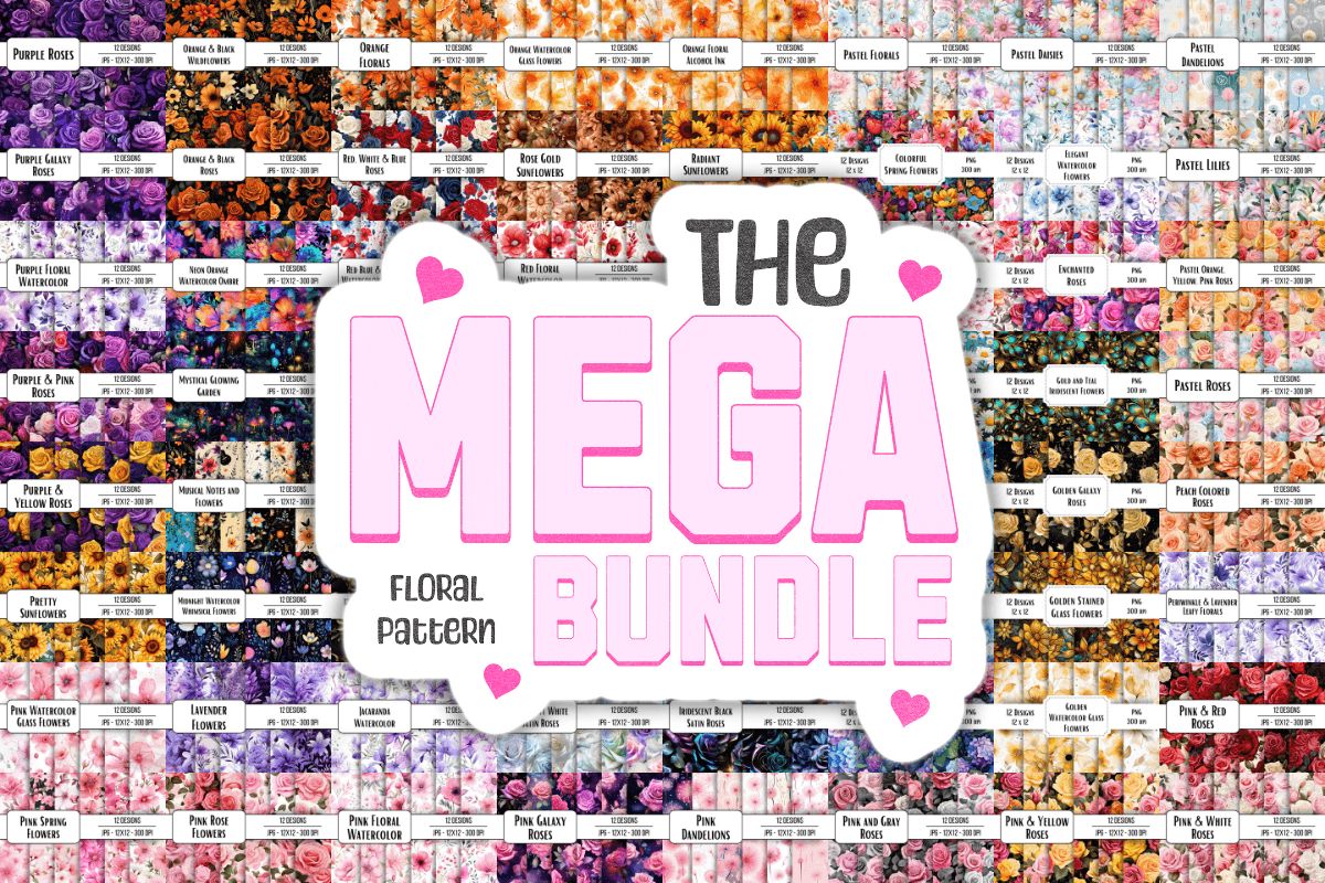 The Mega Floral Seamless Pattern Bundle preview for craft projects