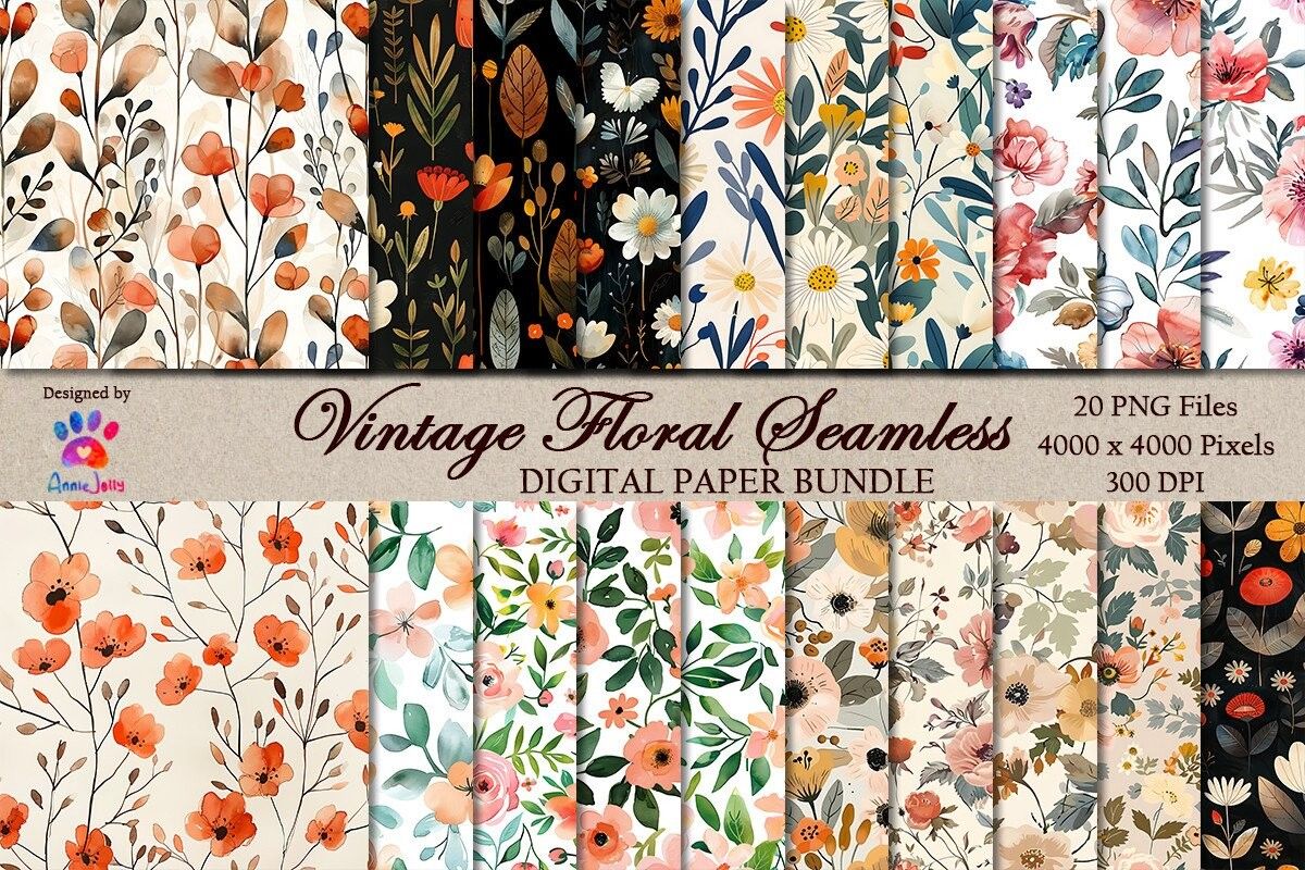 Vintage Floral Seamless Bundle preview for craft projects