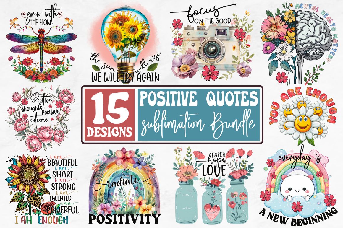 Positive Quote Sublimation Design Bundle preview for craft projects