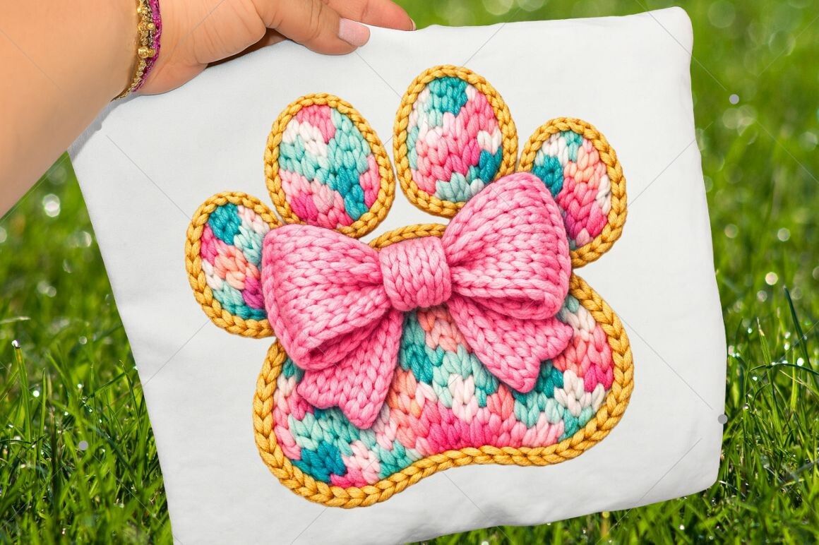 Cute Paw Print Bow PNG, Knitted Pet Paw preview for craft projects
