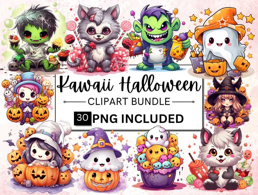 Watercolor Kawaii Halloween PNG Clipart preview for kawaii Halloween sublimation PNG
