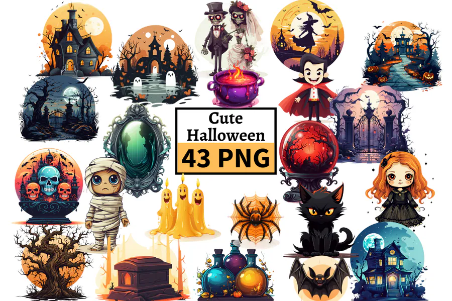 Spooky Season Halloween Cliparts Bundle preview for kawaii Halloween sublimation PNG