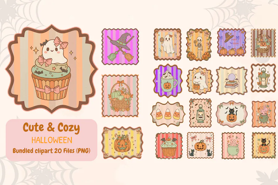 Cute & Cozy Halloween Clipart Bundles preview for kawaii Halloween sublimation PNG