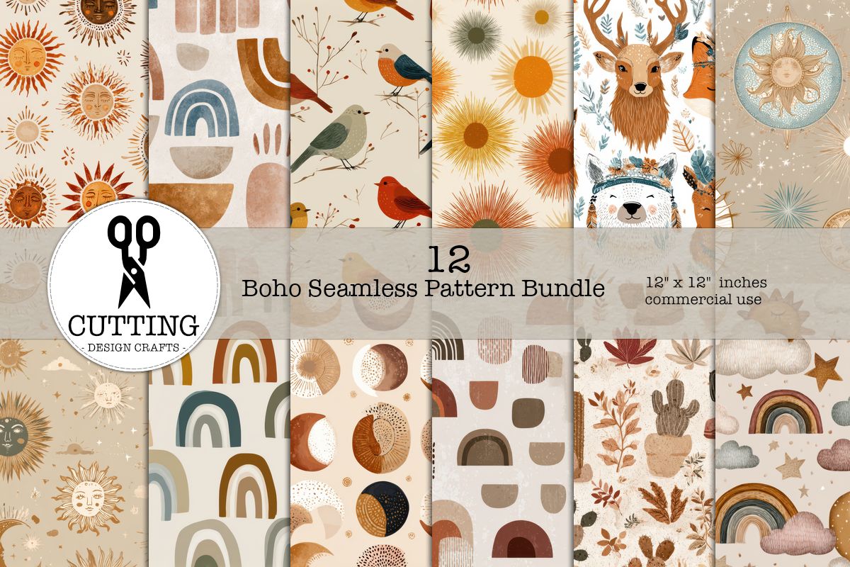 Boho Seamless Patterns Bundle preview for craft projects