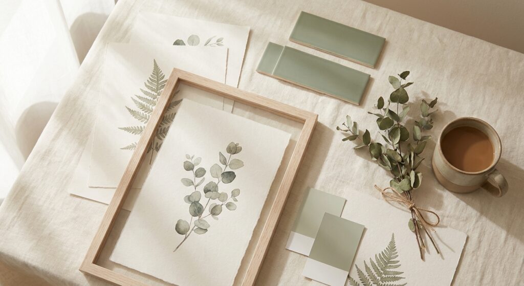 Botanical wall art printables styled in a flat lay with eucalyptus sprigs