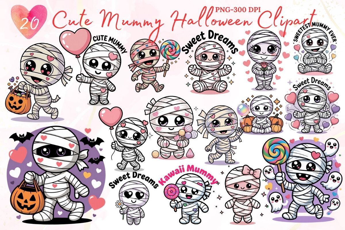 Cute Mummy Halloween Clipart Bundle. preview for craft projects