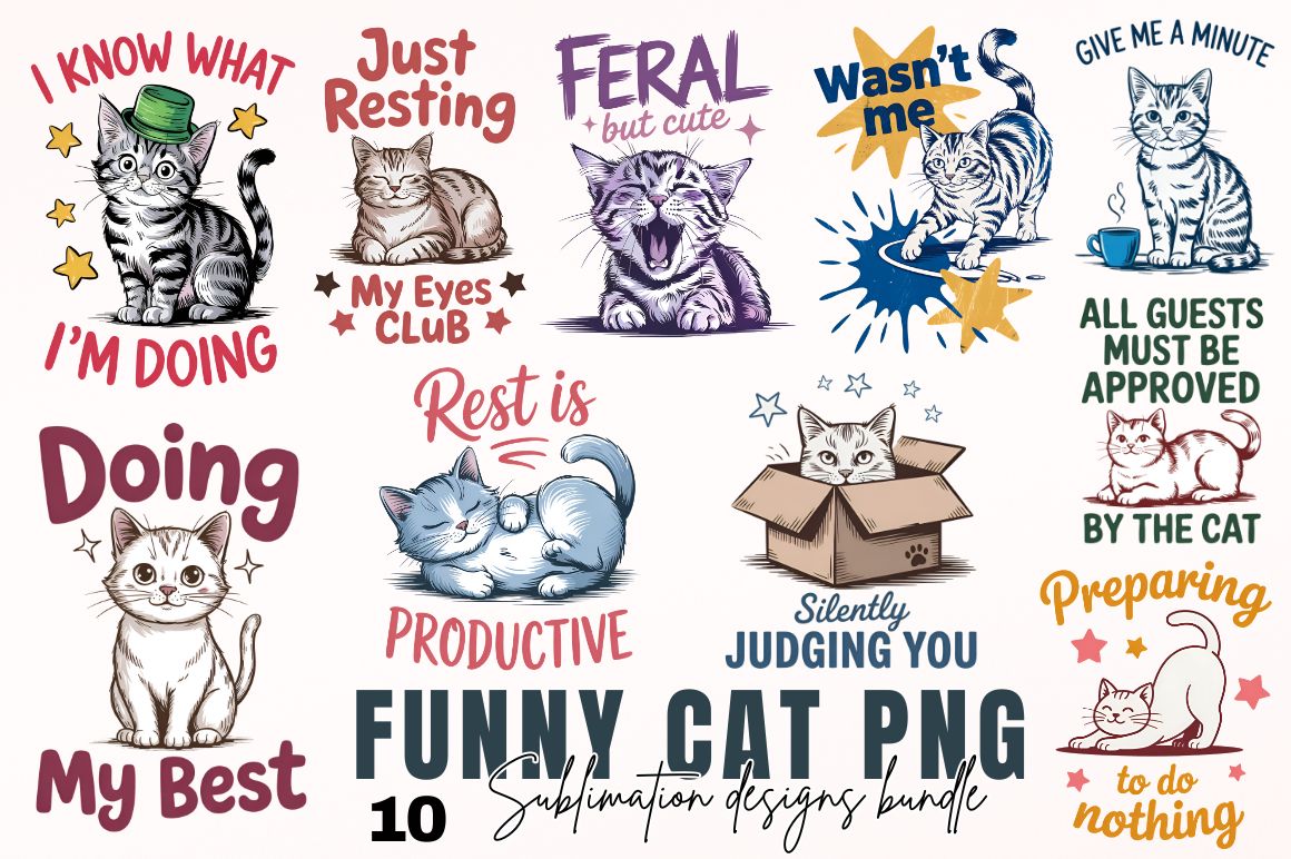 Funny Cat PNG Sublimation Designs Bundle preview for craft projects
