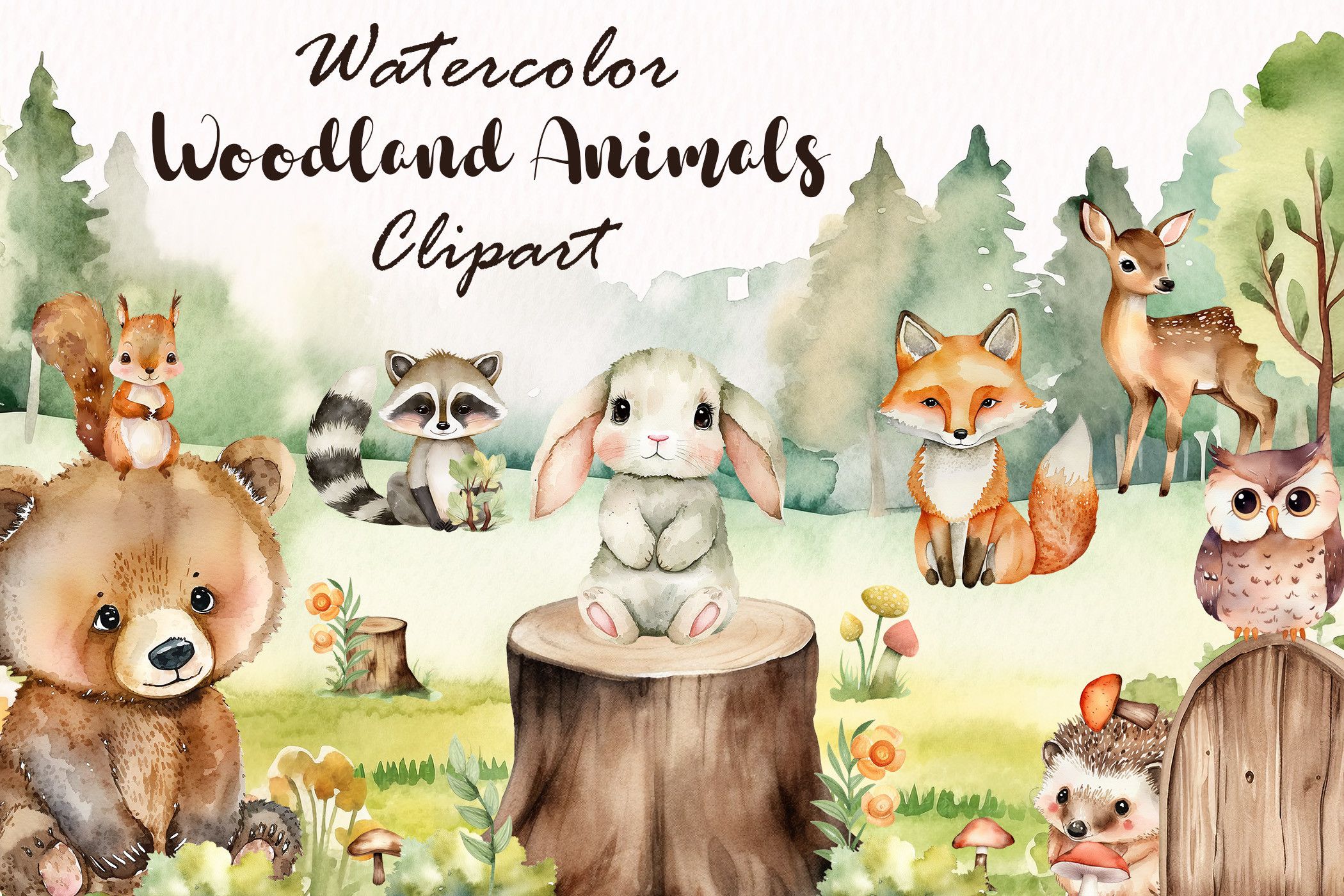 Watercolor Woodland Animals Clipart preview for woodland crafts