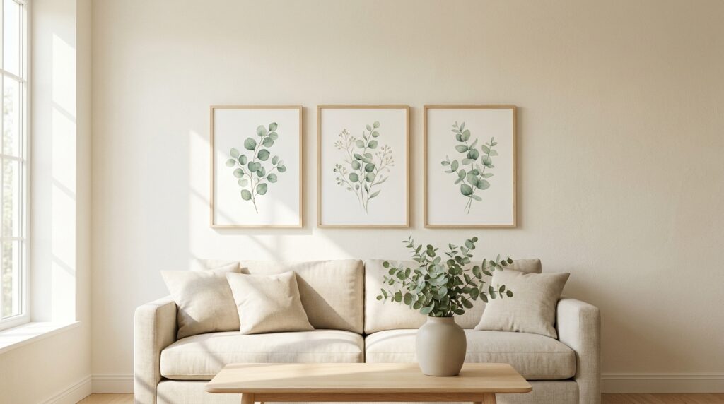 Eucalyptus wall art printable set styled in a calm, bright living room