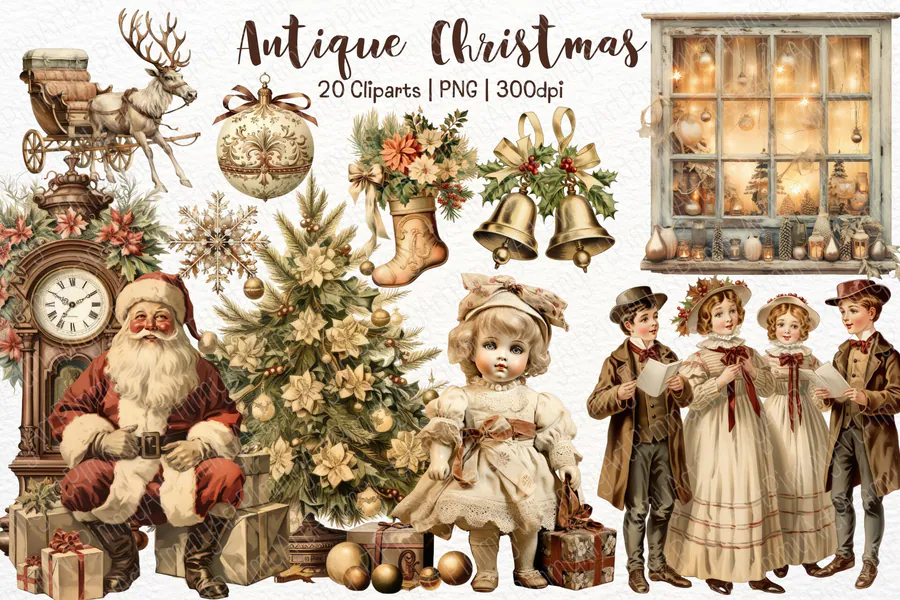 Antique Christmas Watercolor Clipart Set preview for retro Christmas sublimation PNG