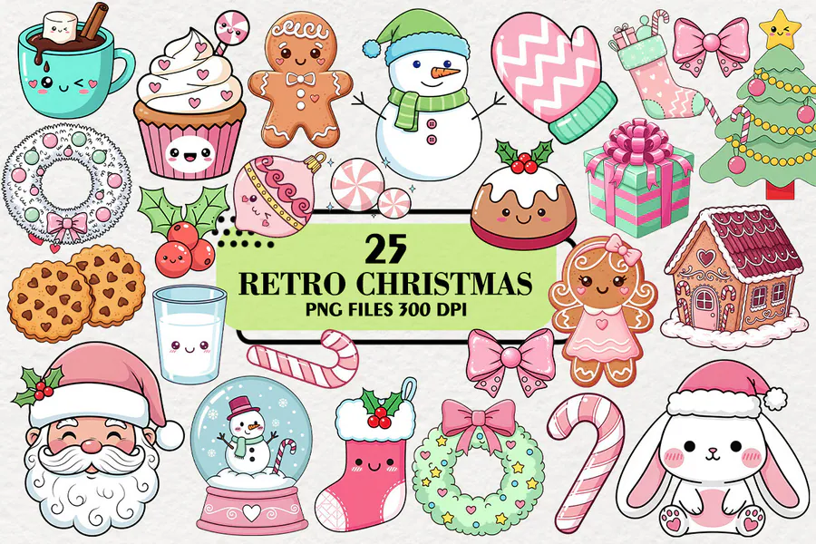 Cute Retro Christmas Clipart Bundle preview for retro Christmas sublimation PNG