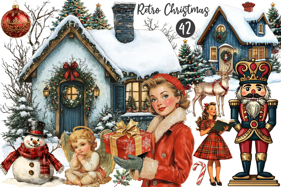 Retro Christmas Clipart preview for retro Christmas sublimation PNG