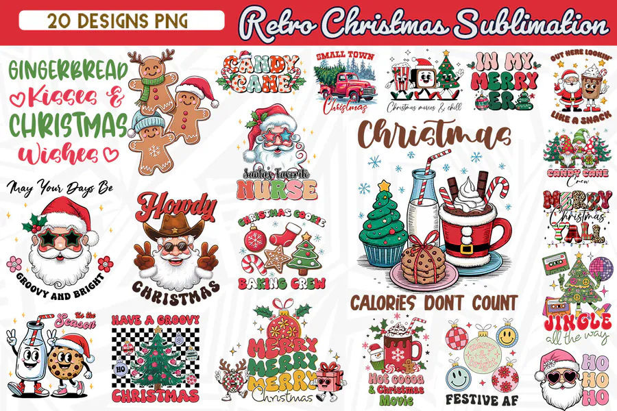 Retro Christmas Sublimation Bundle preview for retro Christmas sublimation PNG